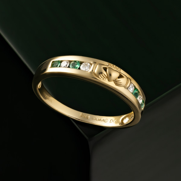 Diamond and emerald Claddagh ring