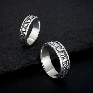  mens silver claddagh band s2828 and matching ladies claddagh band s229 from Solvar jewellery 